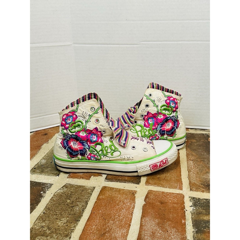 Y2K Ecko Red High Top Sneakers Hot Pink Flowers Green Trim Boho Hippy Women's 6